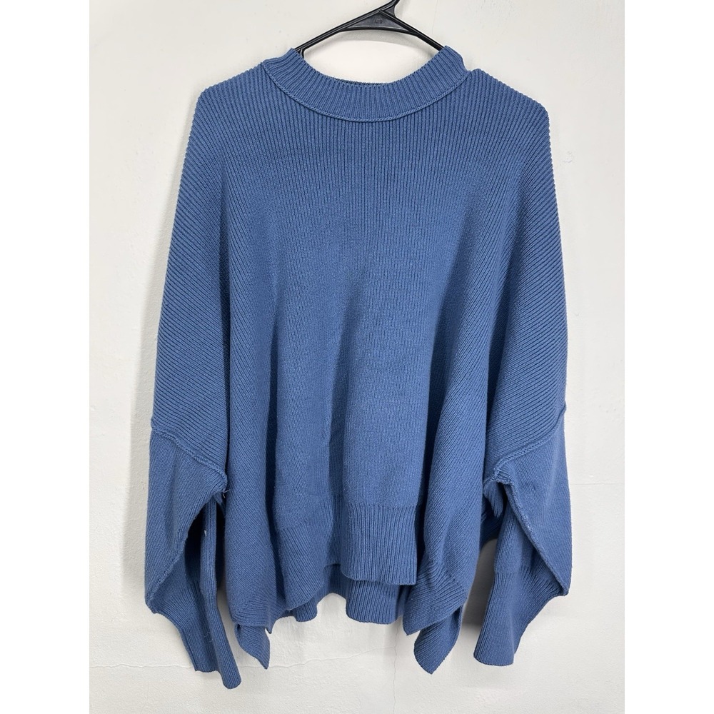 Free People Sweater MEDIUM Blue Oversized Mock Neck Box Ribbed Knit Relaxed